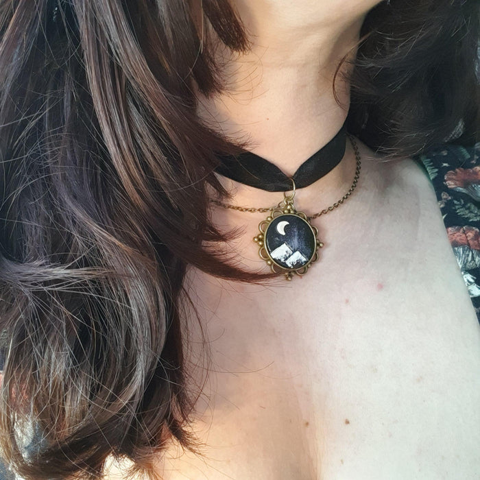 Mountains landscape velvet choker / handmade from polymer clay / nature jewelry pendant