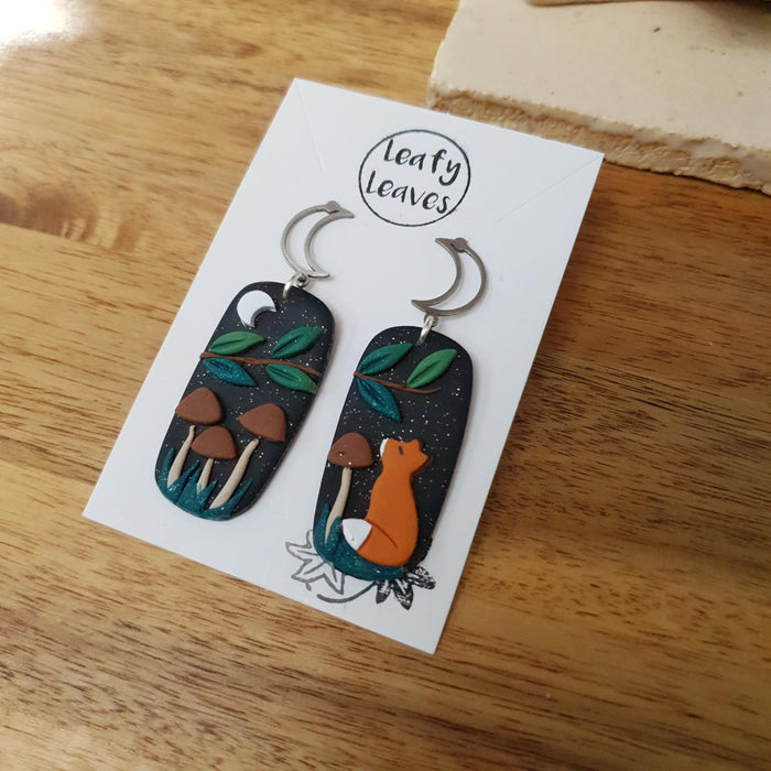 Brown mushrooms midnight sky asymmetrical earrings with foxes / nature woodlands and forest