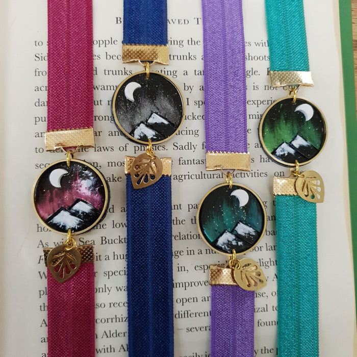 Shiny background mountains elastic ribbon bookmarks / handmade from polymer clay leaves motifs forest night landscape moon bookmark