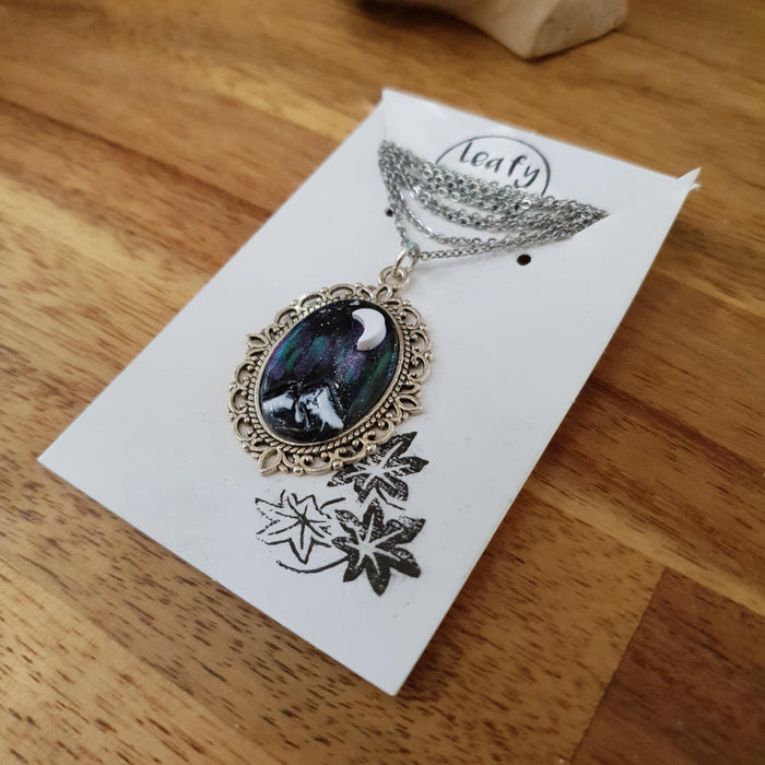 Northern lights mountains scene necklace cabochon / handmade from polymer clay / nature jewelry pendant