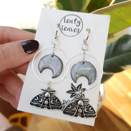 Moths and holographic moons earrings / nature woodlands and forest