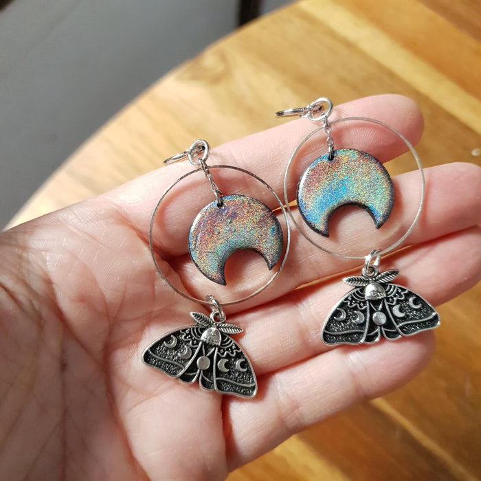 Moths and holographic moons earrings / nature woodlands and forest