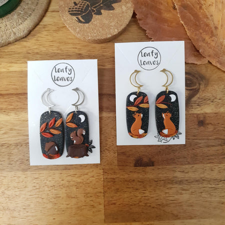 Autumn earrings with squirrel or foxes - midnight sky background