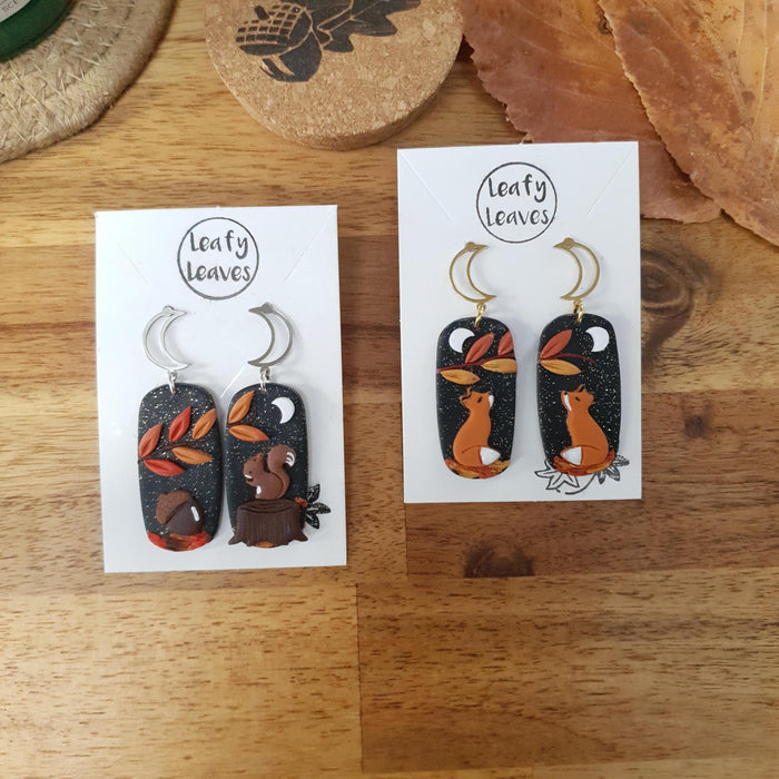 Autumn earrings with squirrel or foxes - midnight sky background