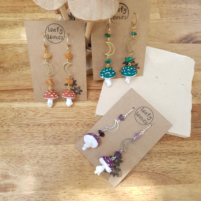 Mushroom earrings with different colours and stones / nature woodlands forestcore