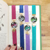 Shiny background mountains elastic ribbon bookmarks / handmade from polymer clay leaves motifs forest night landscape moon bookmark