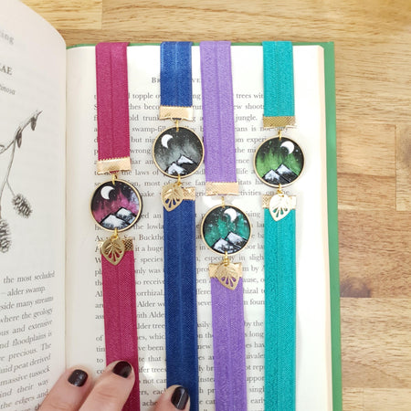 Shiny background mountains elastic ribbon bookmarks / handmade from polymer clay leaves motifs forest night landscape moon bookmark