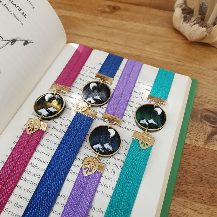 Shiny background mountains elastic ribbon bookmarks / handmade from polymer clay leaves motifs forest night landscape moon bookmark