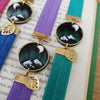 Shiny background mountains elastic ribbon bookmarks / handmade from polymer clay leaves motifs forest night landscape moon bookmark