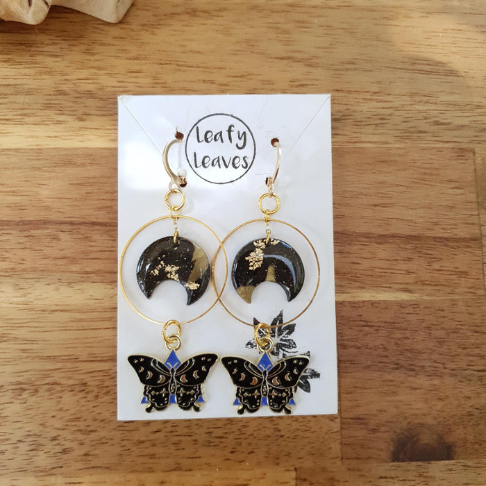 Colourful moths and moons earrings / nature woodlands and forest