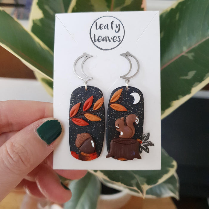 Autumn earrings with squirrel or foxes - midnight sky background