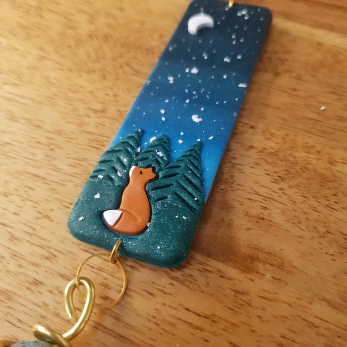 Winter oil diffuser hanging decoration with lava bead handmade from clay / winter landscape foxes