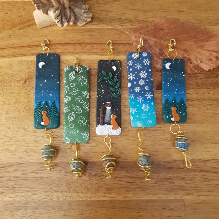 Winter oil diffuser hanging decoration with lava bead handmade from clay / winter landscape foxes