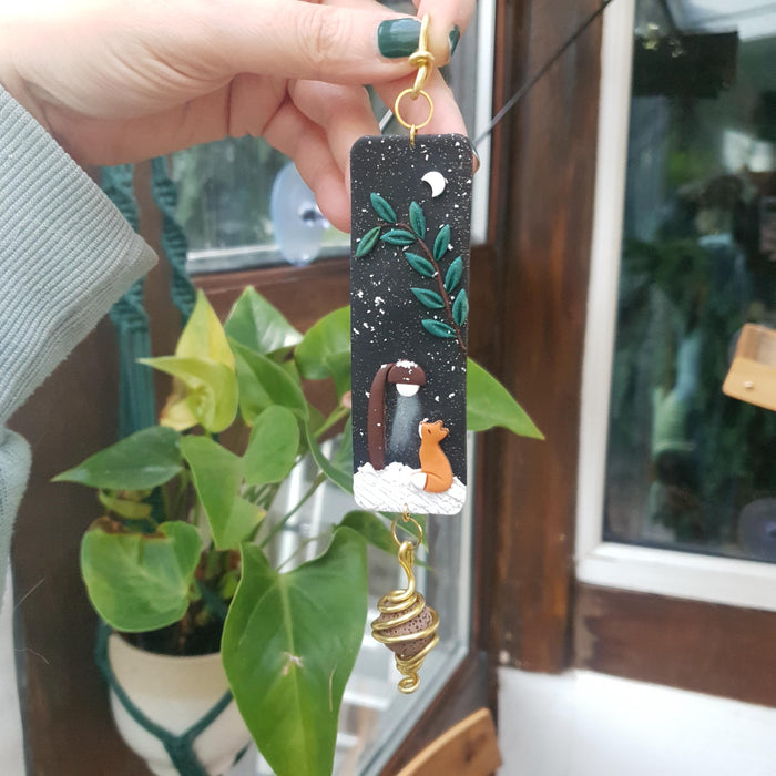 Winter oil diffuser hanging decoration with lava bead handmade from clay / winter landscape foxes