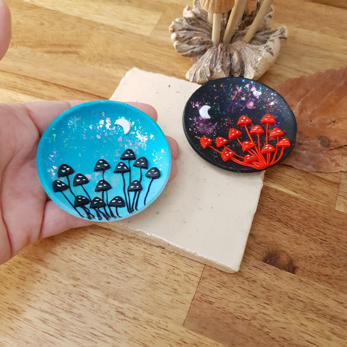 Whimsical mushrooms trinket dishes with sparkles