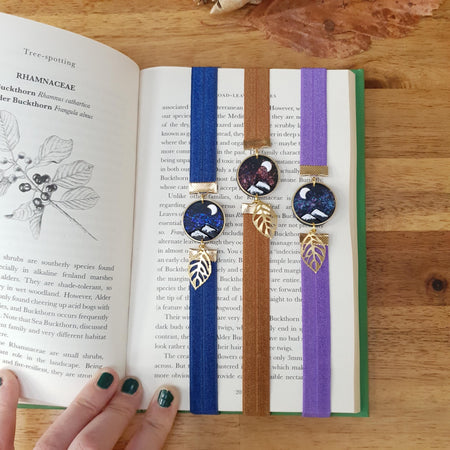 Shiny flakes background mountains elastic ribbon bookmarks / handmade from polymer clay leaves motifs forest night landscape moon bookmark