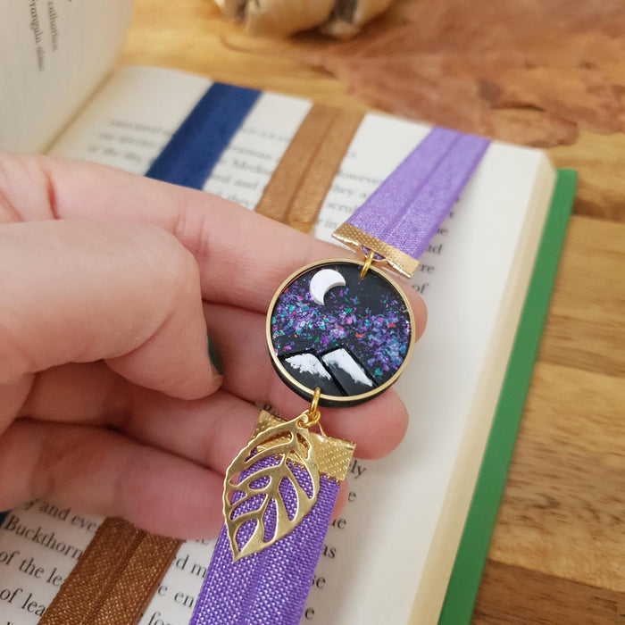 Shiny flakes background mountains elastic ribbon bookmarks / handmade from polymer clay leaves motifs forest night landscape moon bookmark