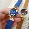 Shiny flakes background mountains elastic ribbon bookmarks / handmade from polymer clay leaves motifs forest night landscape moon bookmark