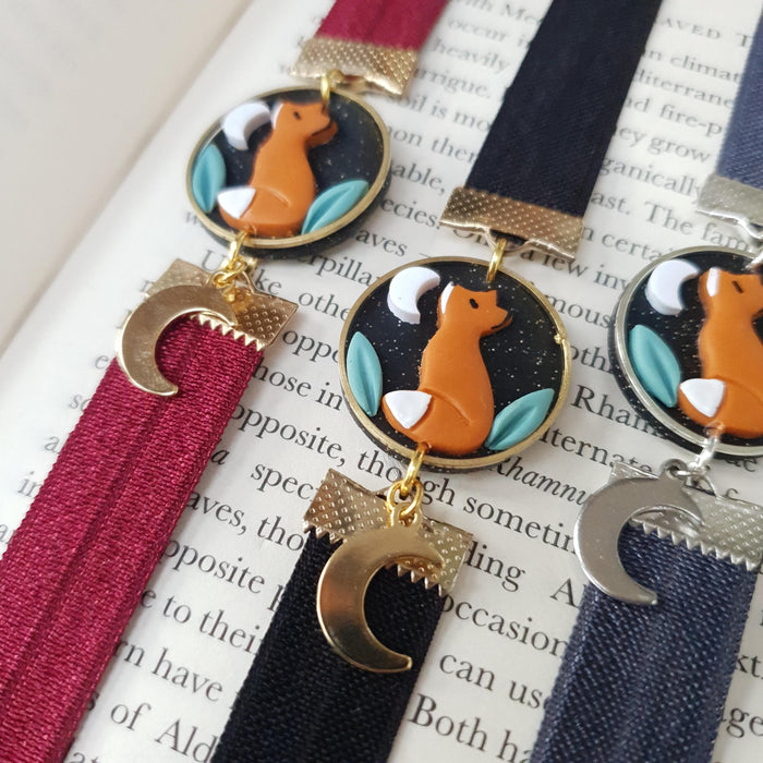 Fox with moon elastic ribbon bookmarks / handmade from polymer clay motifs forest