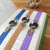 Shiny flakes background mountains elastic ribbon bookmarks / handmade from polymer clay leaves motifs forest night landscape moon bookmark