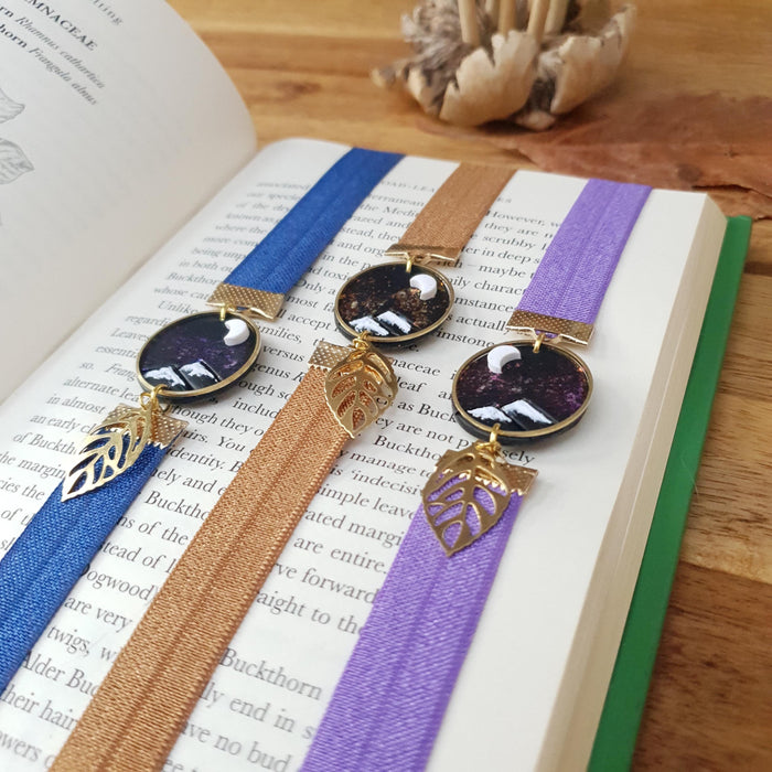 Shiny flakes background mountains elastic ribbon bookmarks / handmade from polymer clay leaves motifs forest night landscape moon bookmark