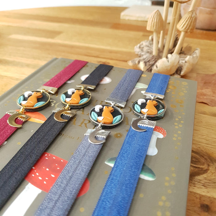 Fox with moon elastic ribbon bookmarks / handmade from polymer clay motifs forest