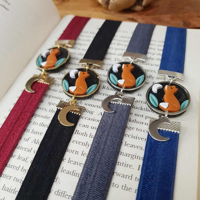 Fox with moon elastic ribbon bookmarks / handmade from polymer clay motifs forest