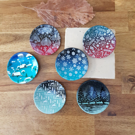 Winter whimsical trinket dishes with different patterns / handmade from polymer clay