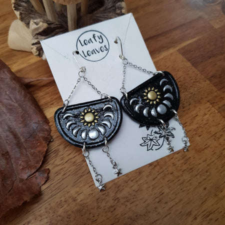 Moon phases and sun earrings / nature woodlands and forest