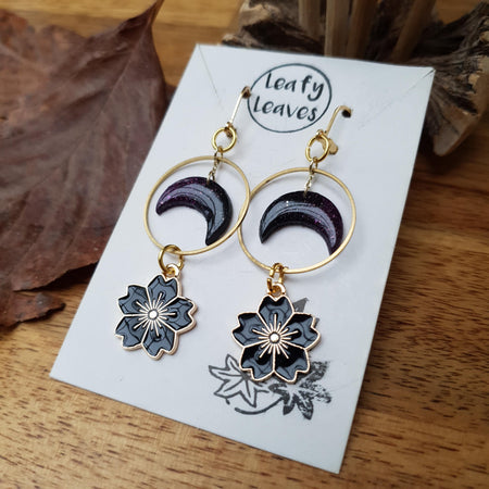 Purple moons and flowers earrings / nature woodlands and forest