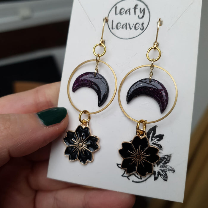 Purple moons and flowers earrings / nature woodlands and forest