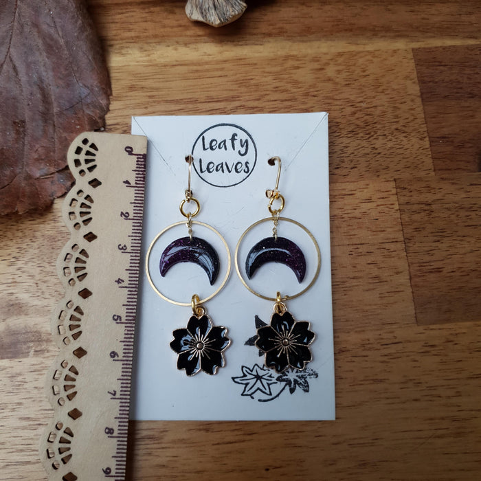 Purple moons and flowers earrings / nature woodlands and forest