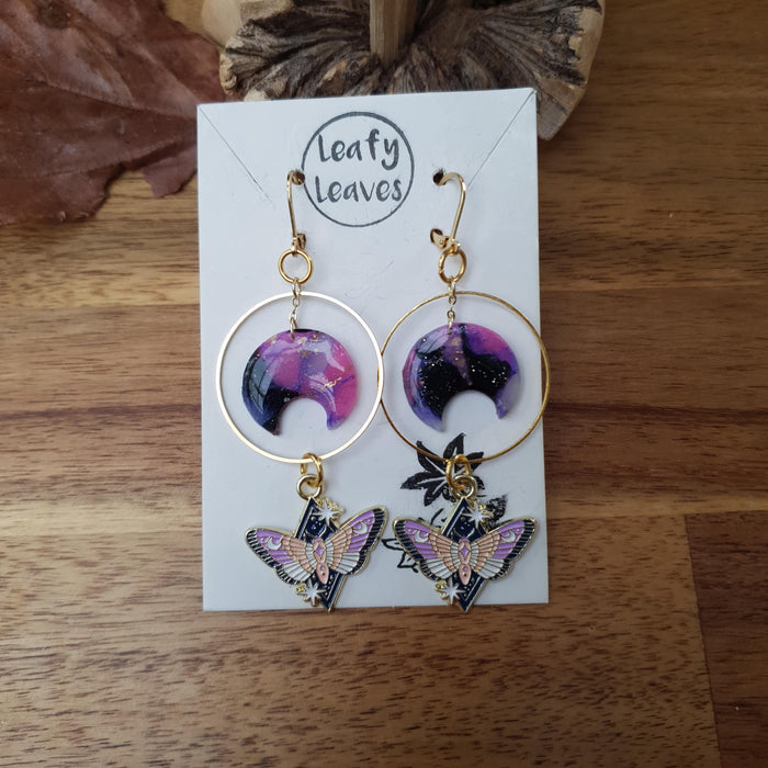 Lavender moons and moths earrings / nature woodlands and forest
