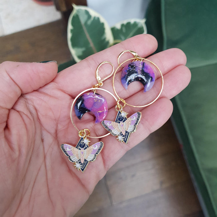 Lavender moons and moths earrings / nature woodlands and forest