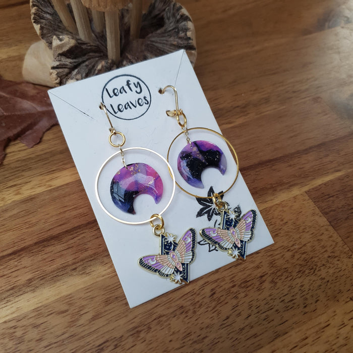 Lavender moons and moths earrings / nature woodlands and forest