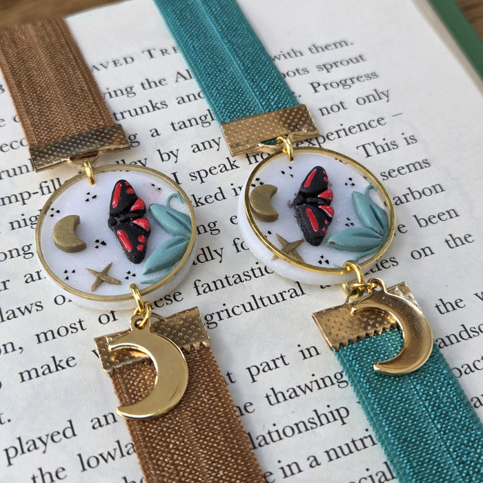Cinnabar moths and moons elastic ribbon bookmarks / handmade from polymer clay motifs forest