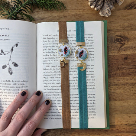 Cinnabar moths and moons elastic ribbon bookmarks / handmade from polymer clay motifs forest