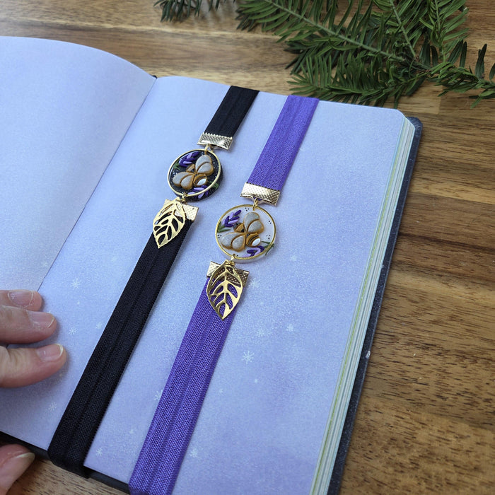 Bees and lavender elastic ribbon bookmarks adjustable / handmade from polymer clay