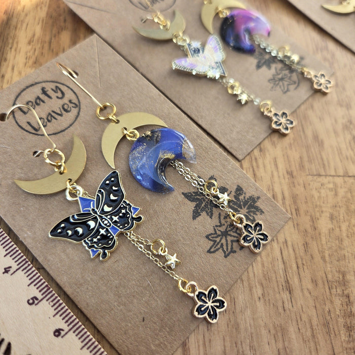 Spring moths and moons asymmetrical earrings / nature woodlands and forest