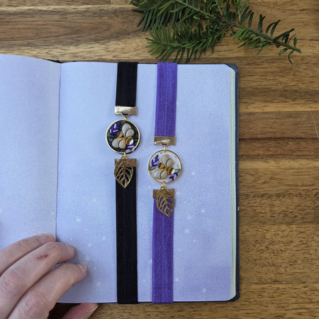 Bees and lavender elastic ribbon bookmarks adjustable / handmade from polymer clay