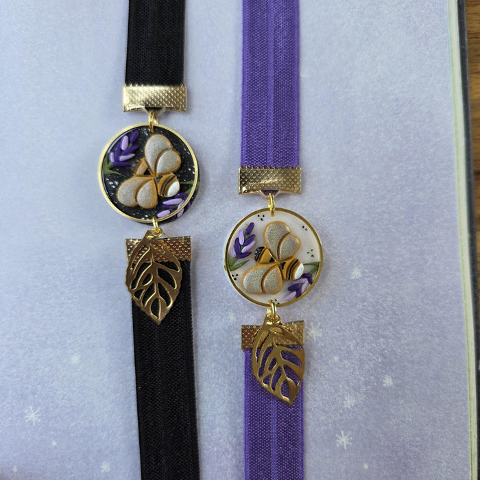 Bees and lavender elastic ribbon bookmarks adjustable / handmade from polymer clay