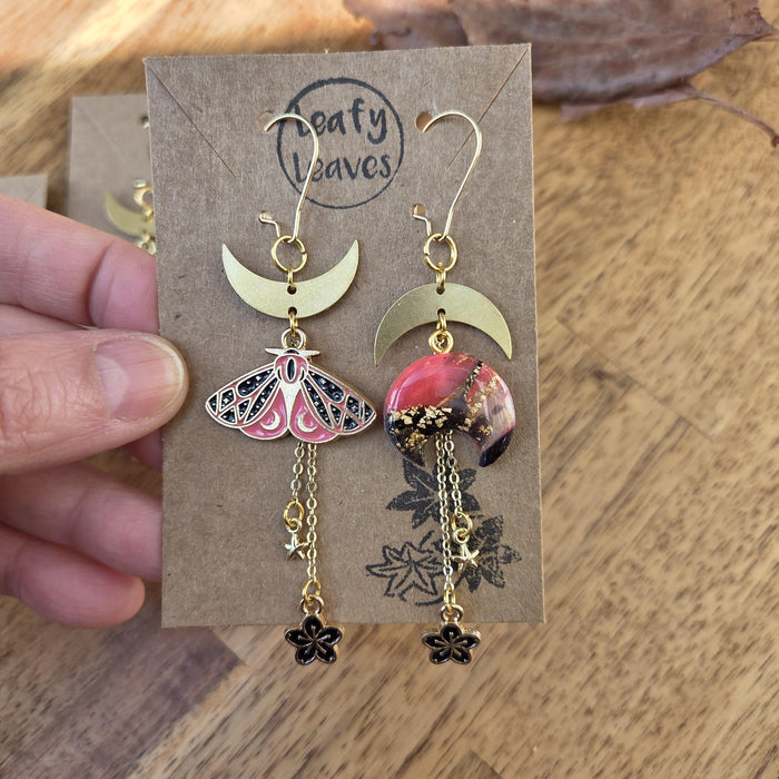 Spring moths and moons asymmetrical earrings / nature woodlands and forest