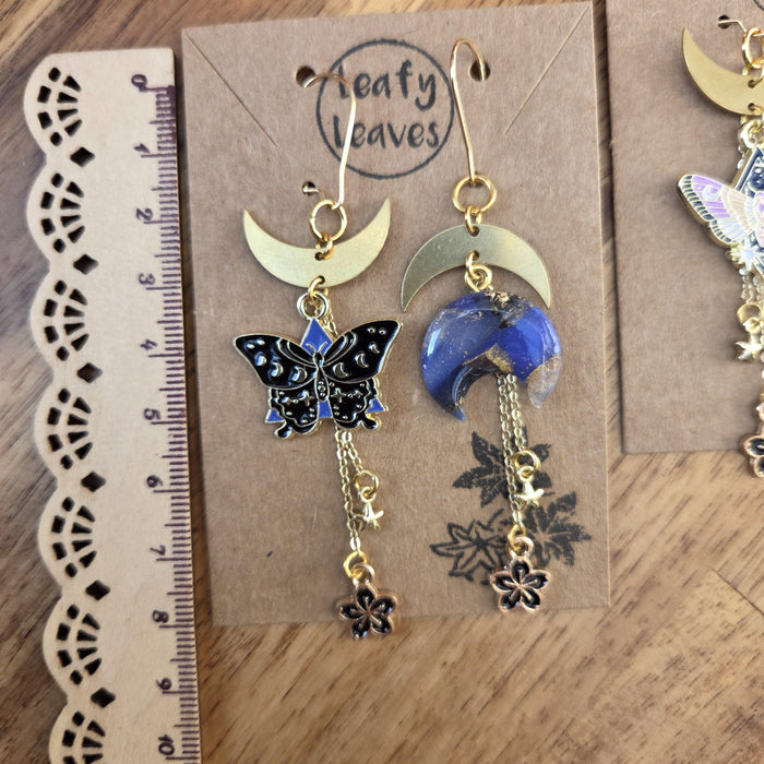Spring moths and moons asymmetrical earrings / nature woodlands and forest