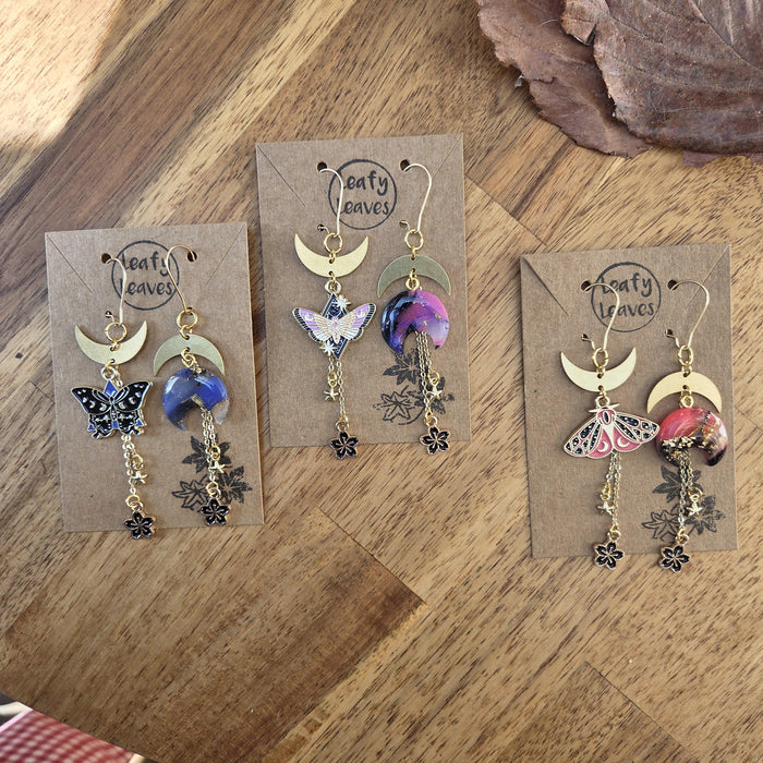 Spring moths and moons asymmetrical earrings / nature woodlands and forest