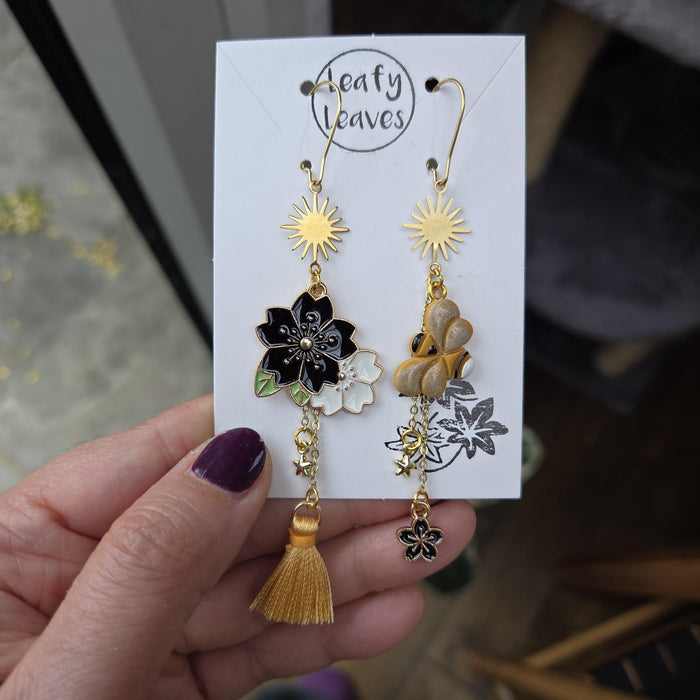 Bee and flower asymmetrical earrings / nature woodlands and forest