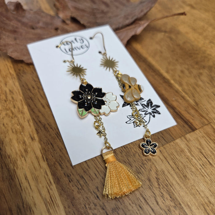Bee and flower asymmetrical earrings / nature woodlands and forest