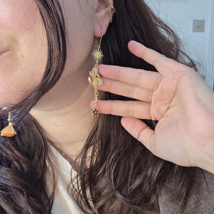 Bee and flower asymmetrical earrings / nature woodlands and forest