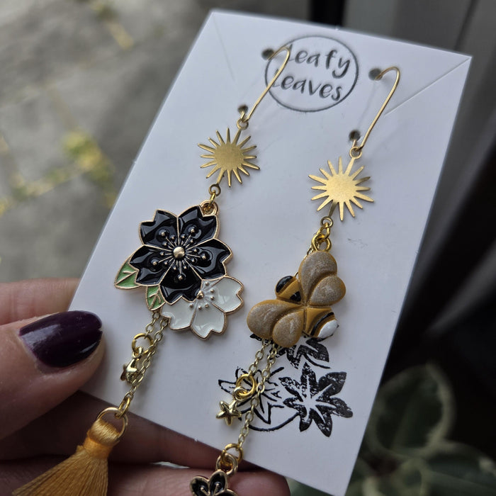 Bee and flower asymmetrical earrings / nature woodlands and forest