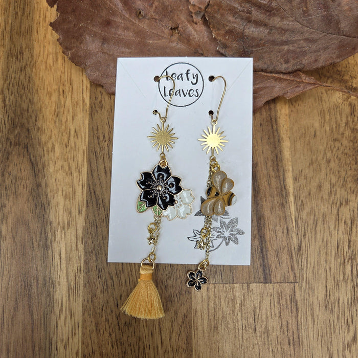 Bee and flower asymmetrical earrings / nature woodlands and forest