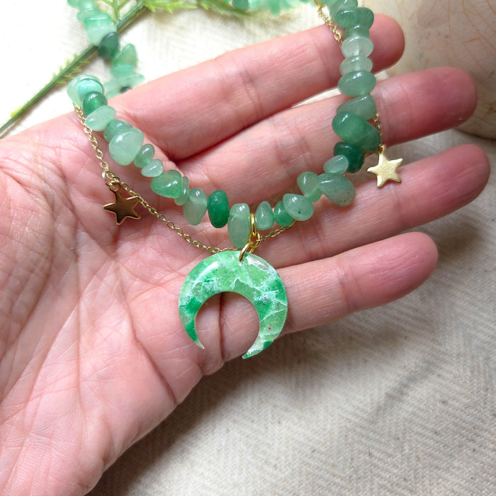 Aventurine crystal necklace with polymer clay moon / handmade / nature jewelry pendant